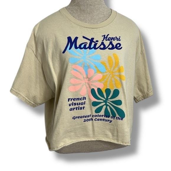 Henri Matisse Leaves Graphic Tee Neutral Cropped Rolled Hem T Shirt Size Large - Picture 1 of 9